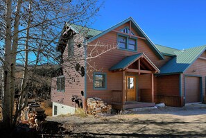 A two-story wooden house with a green roof, a front porch, and a visible chimney.
