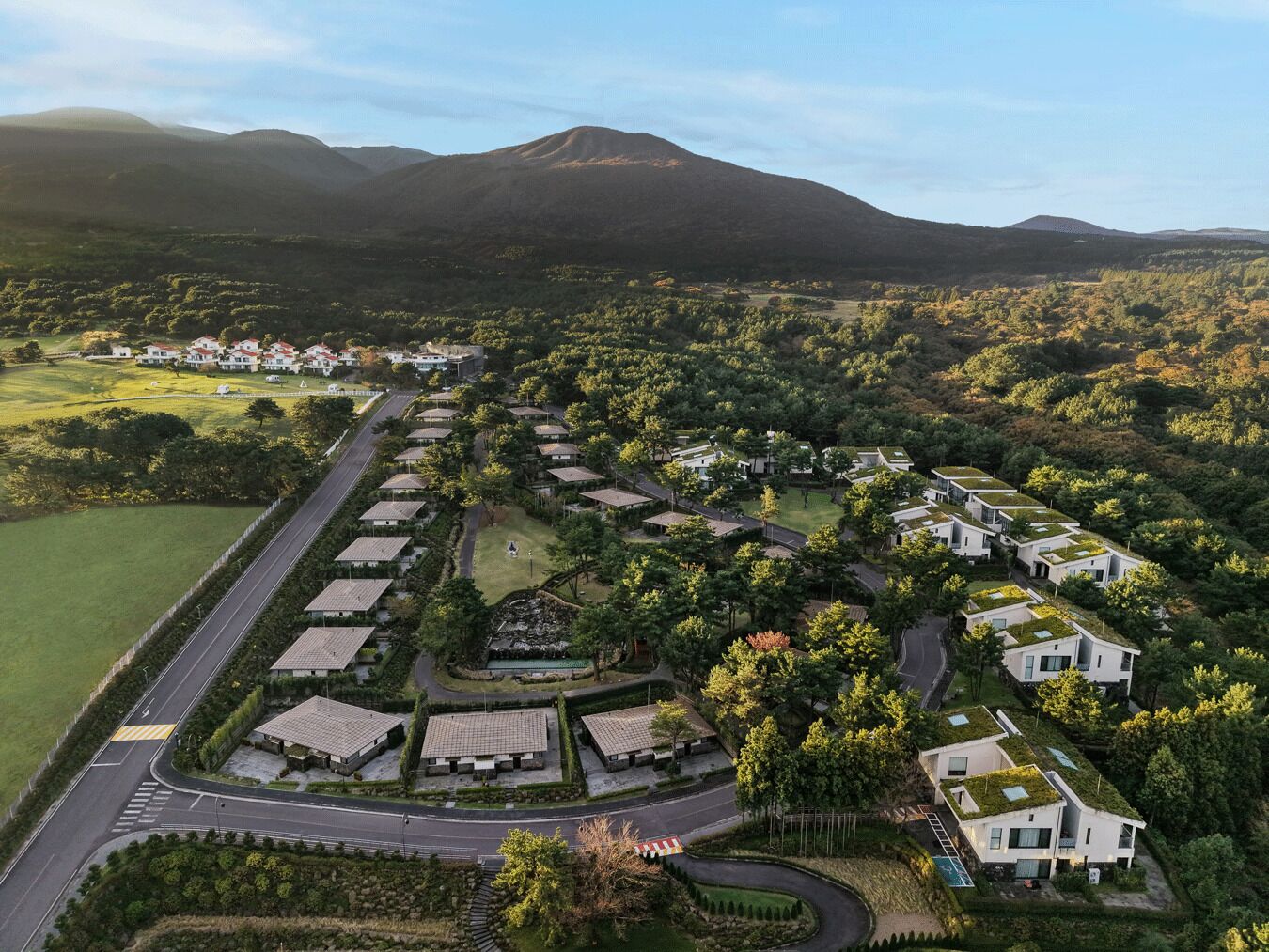 Vista aérea de una zona residencial con casas modernas, una calle principal y vegetación circundante.