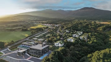 Experience a diverse architectural blend amidst lush green surroundings and scenic views of the surrounding landscape.