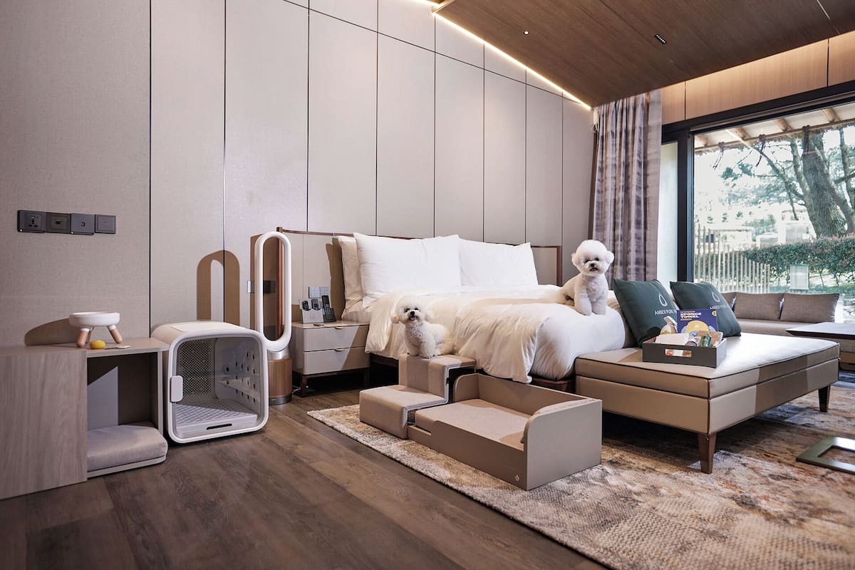 A modern hotel room with a bed, a sofa, a small table, and a window with a view.