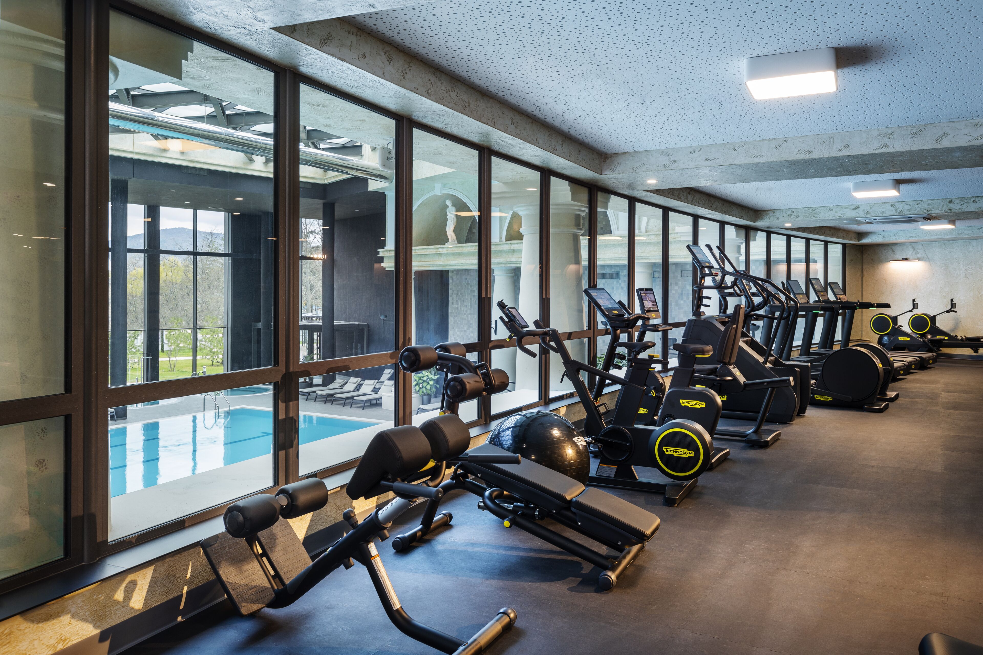 A gym with various exercise equipment, large windows, and a pool visible through the windows.