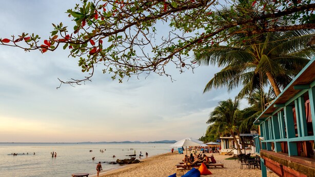 Una spiaggia con una fila di sedie a sdraio e tavolini, palme e un edificio con facciata blu.