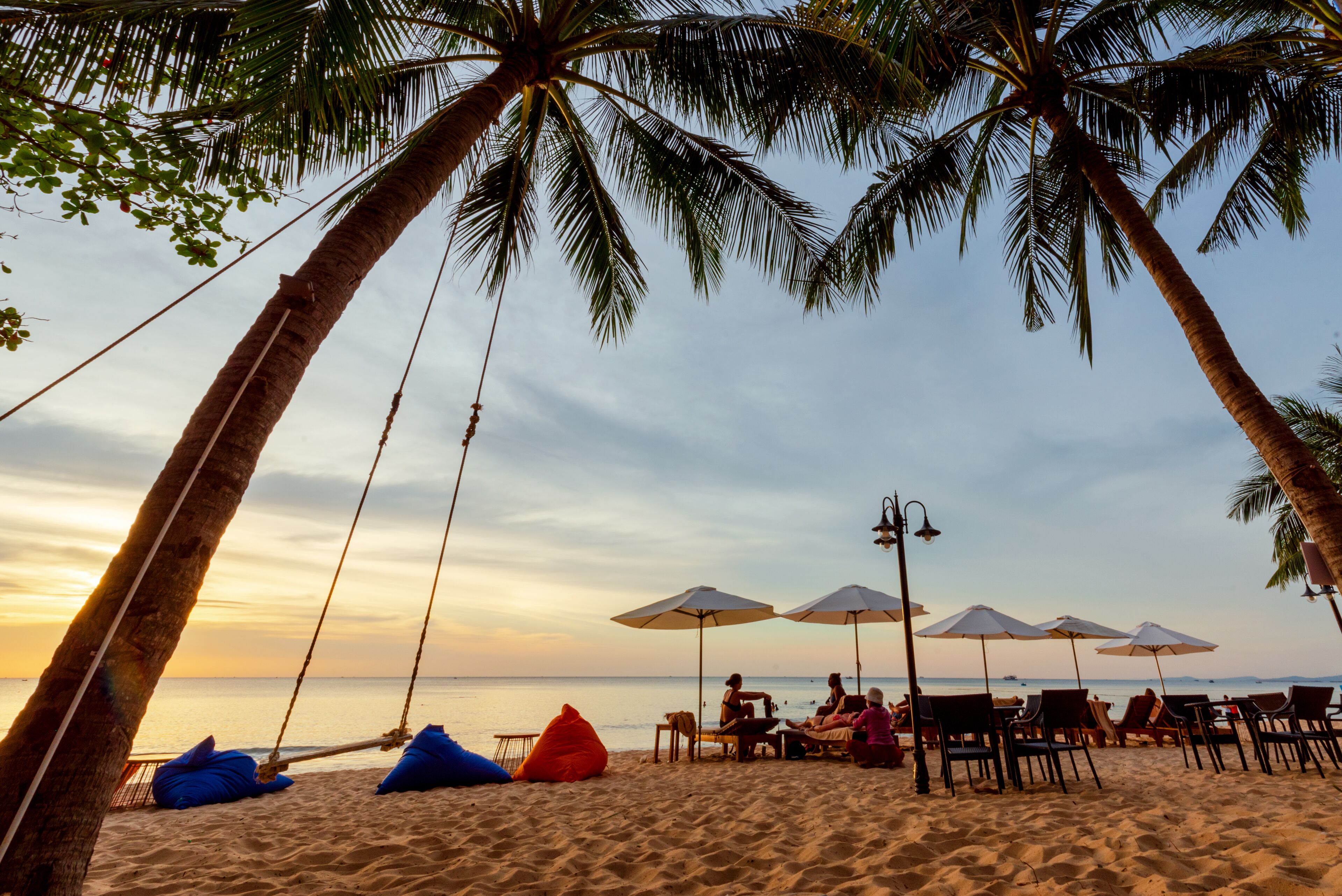 Une scène de plage avec des palmiers, des chaises de plage et des parasols sous un ciel dégagé.