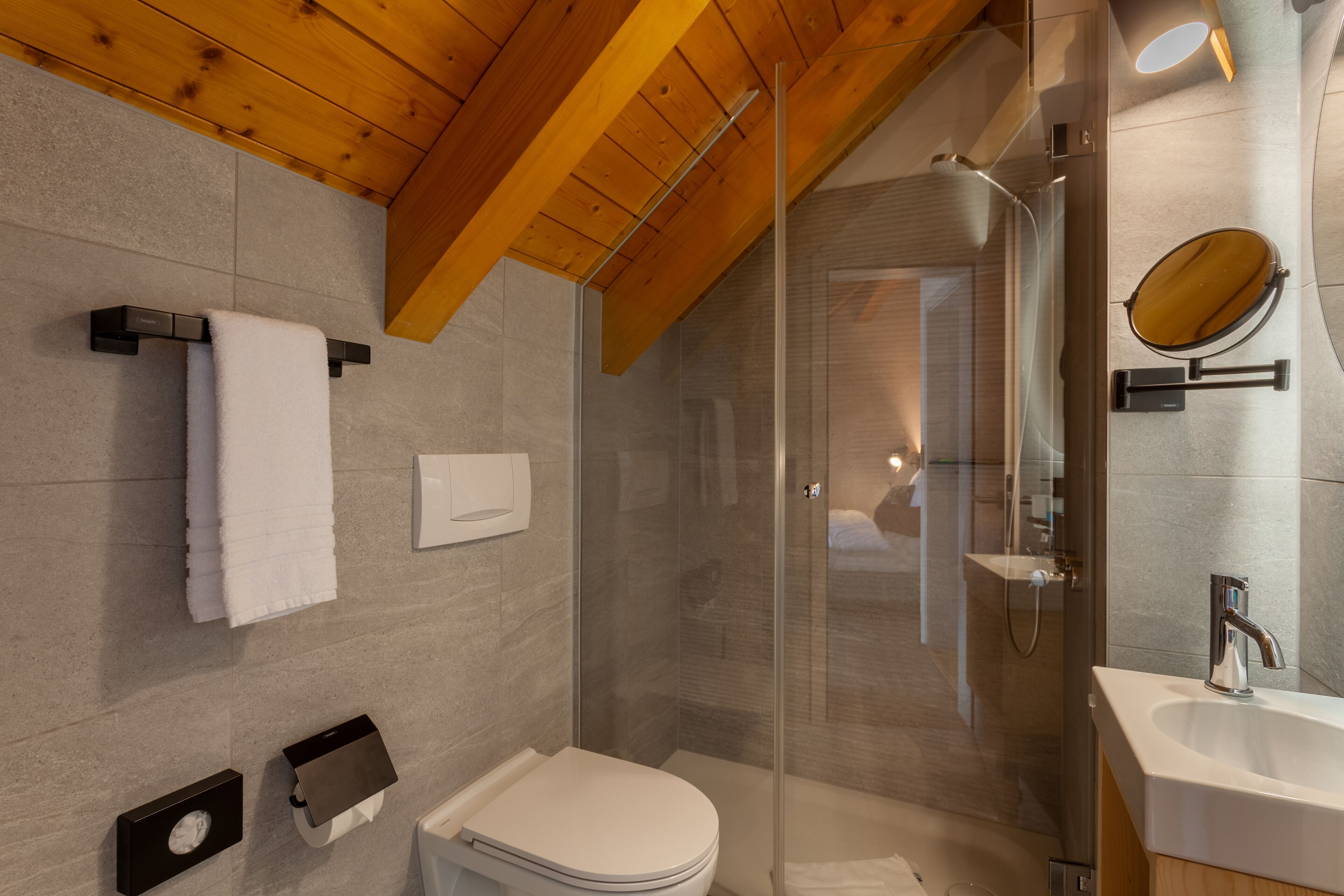 A modern bathroom with a glass-enclosed shower, a white toilet, and a sink with a mirror.
