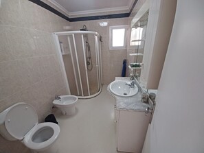Shower, hair dryer, bidet, towels