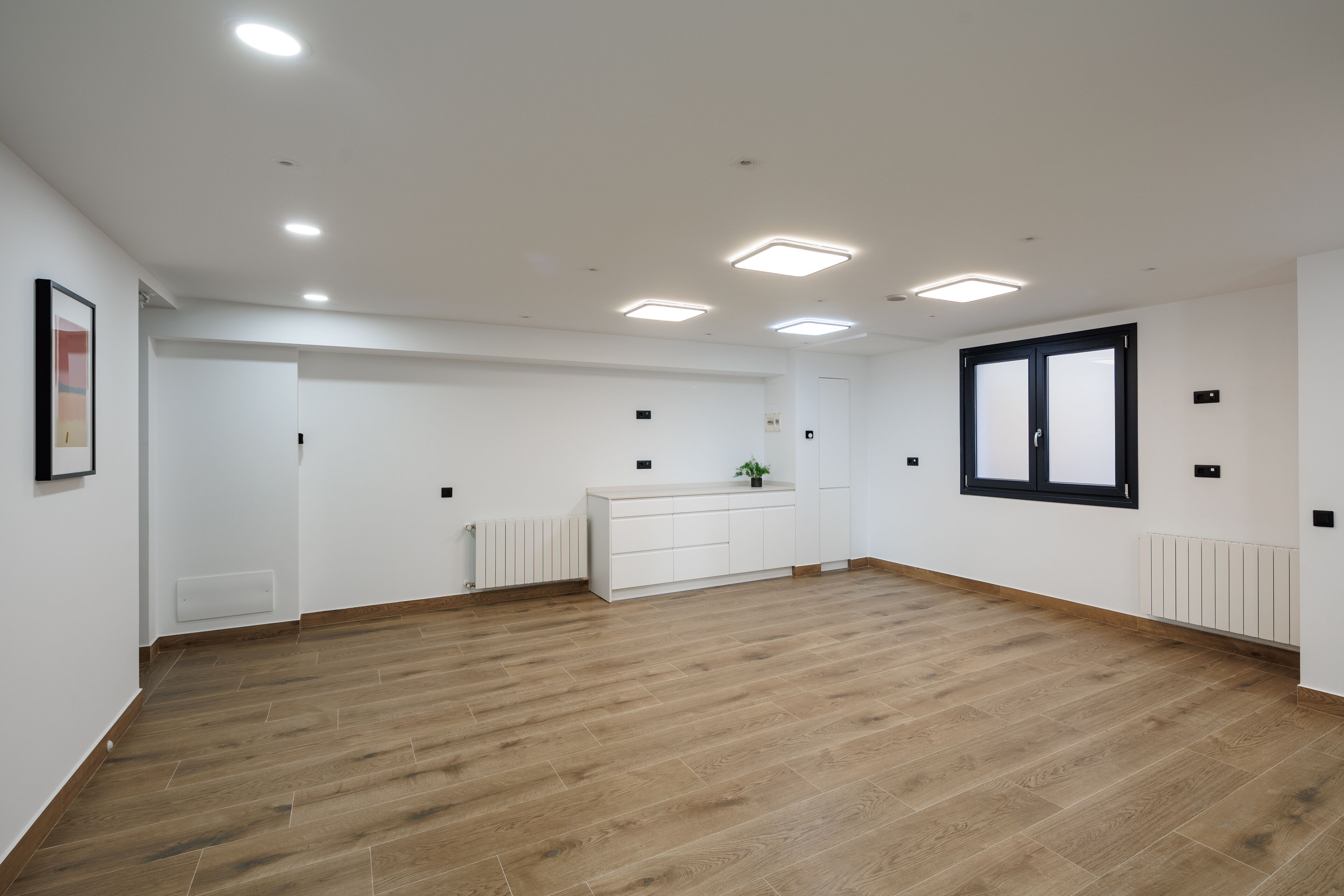 Una habitación amplia con suelo de madera, paredes blancas y un mueble blanco con una planta.