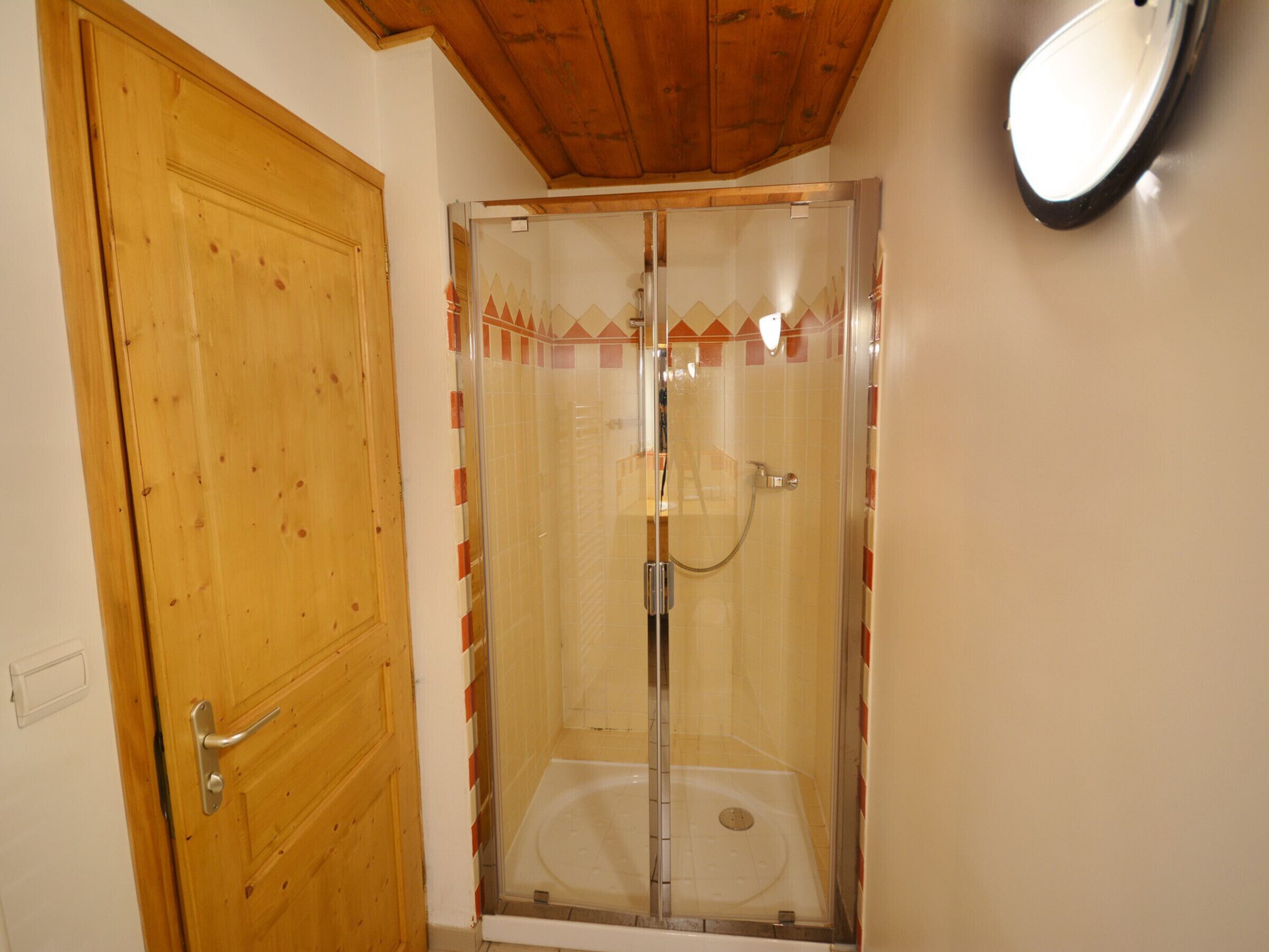 A shower enclosure with a glass door, a wooden door to the left, and a mirror on the wall.
