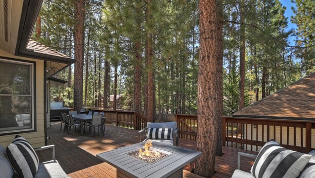 Terraza con mobiliario exterior, una chimenea y vista a árboles altos.