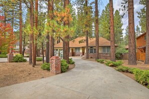 A residential property with a driveway leading to a house surrounded by tall pine trees.