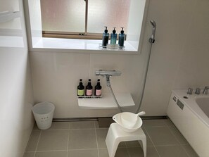 Bathtub, hair dryer, bidet, towels