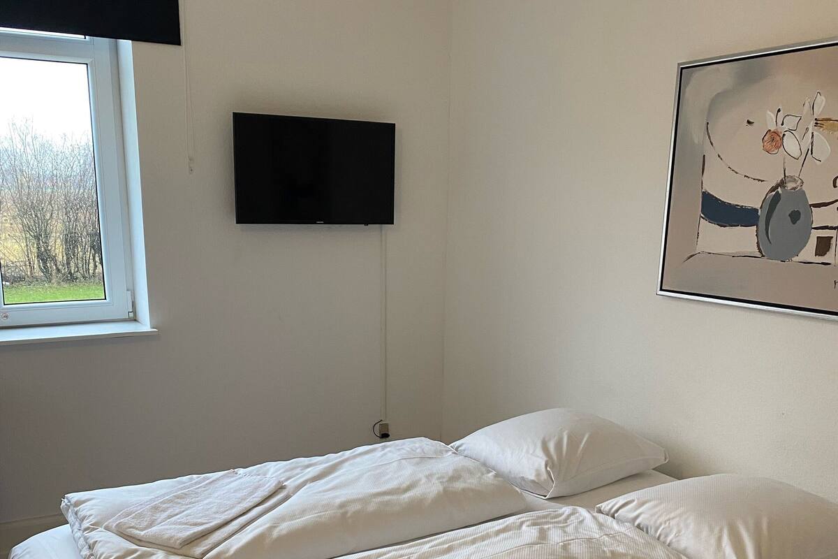 Une chambre à coucher avec un lit, une fenêtre, un téléviseur à écran plat et un tableau au mur.