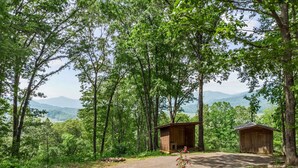 A rustic cabin with a dirt driveway, surrounded by dense forest and mountains in the background. - Silver Linings - Hot Tub, Mountain Views, Close to Town, Pet Friendly (Waynesville)