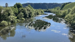 Een rivier omgeven door weelderige begroeiing en heuvels.