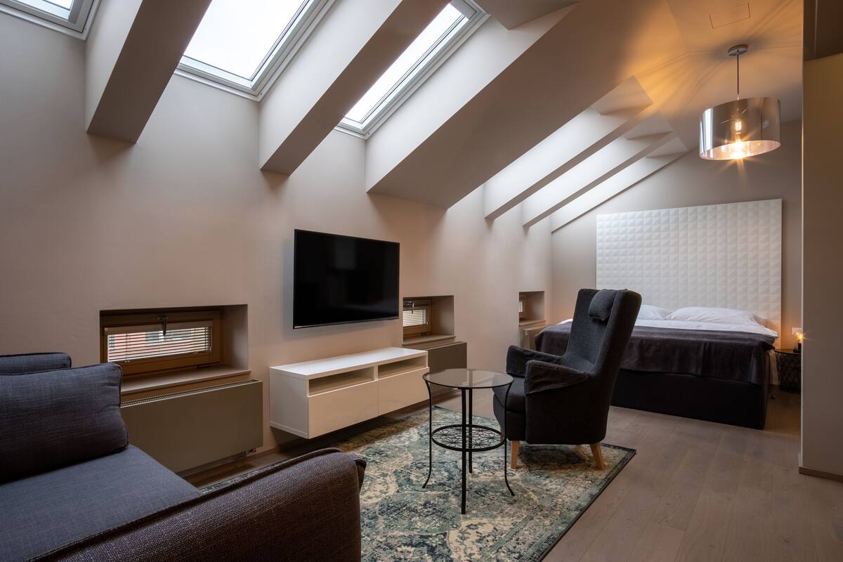 A modern bedroom with skylights, a bed, a TV, a sofa, and a small table.