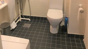 A small bathroom with a toilet, a sink, and a shower. - Small Cozy Apartment in Frederiksberg (Frederiksberg)