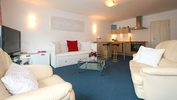 A living room with a sofa, a coffee table, a TV, and a kitchen area in the background. - Studio Apartment With Terrace, own Parking Space and a Small Lake 500 m Away (Papendorf)