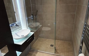 Bathroom features a glass-enclosed shower and a sink with a basin and mirror.