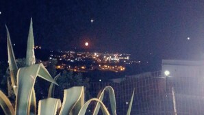 A night view of a cityscape with a fence in the foreground and a plant. - Montereale Holiday Home (Realmonte)