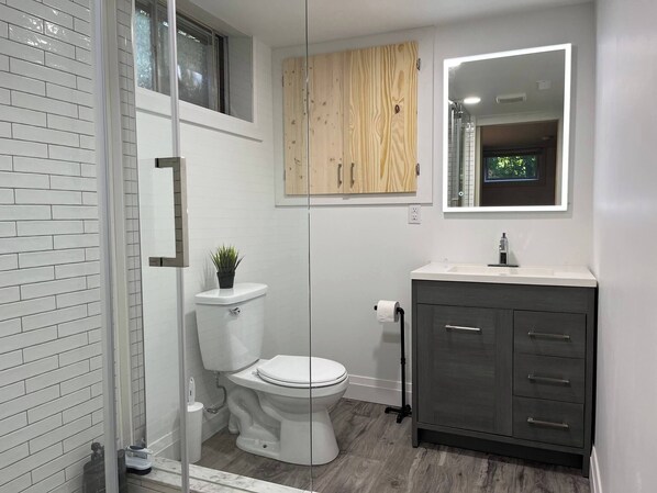 A modern bathroom with a toilet, a sink, a mirror, and a shower. - Adorable 1 Bedroom Suite With Kitchen & (Cambridge)