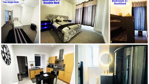 Three bedrooms with different bed types, a kitchen, and a bathroom. - Luxury 3 Bedrooms Entire Flat - Self Check in & Check out (Cowdenbeath)