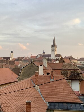 Vista de un pueblo con tejados rojos y una iglesia destacada con una alta aguja.