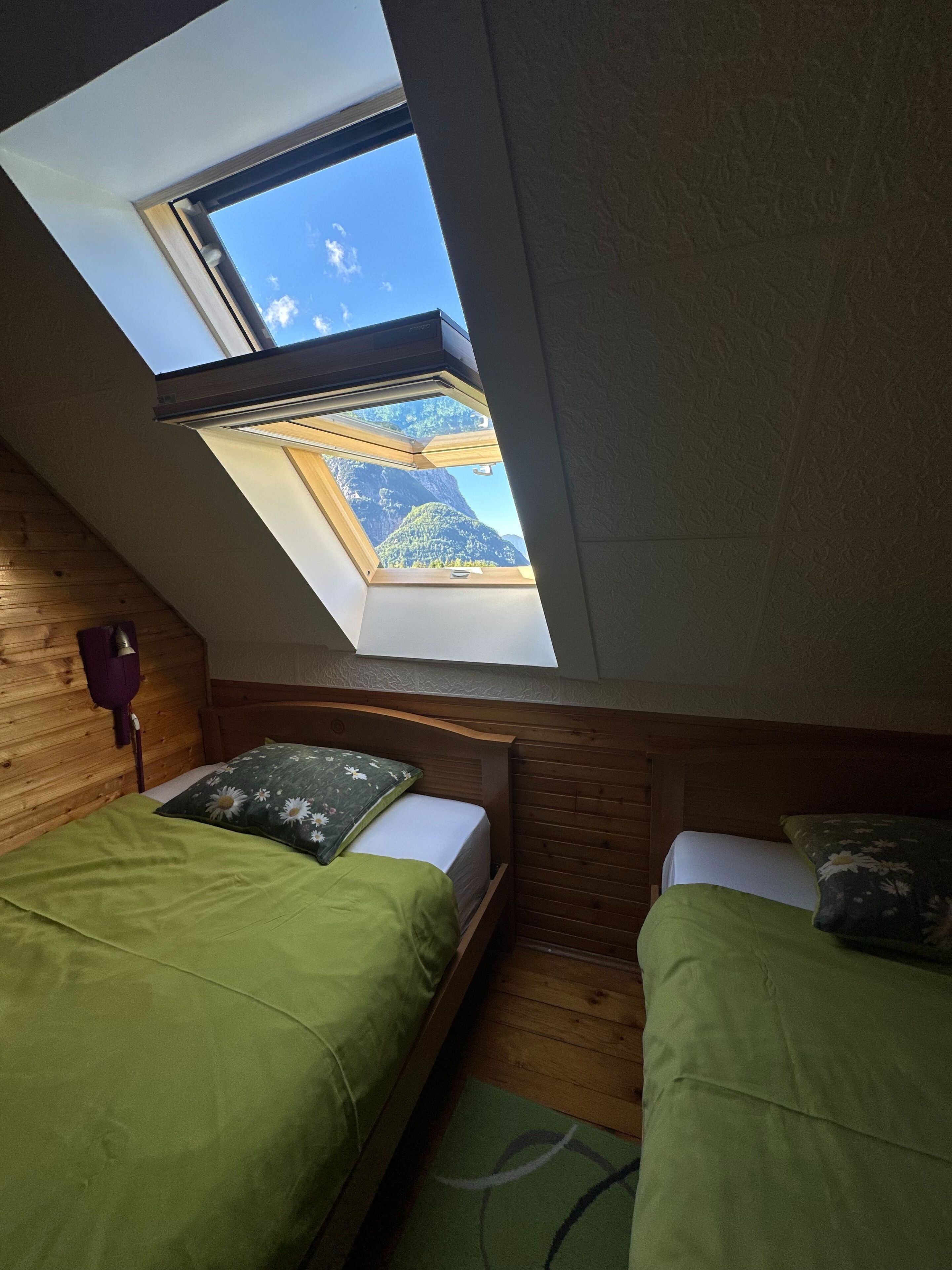 A room with a sloped ceiling and a skylight, two beds with green bedding, and a wooden headboard.