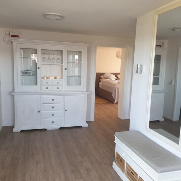 1 bedroom, desk, iron/ironing board, travel cot