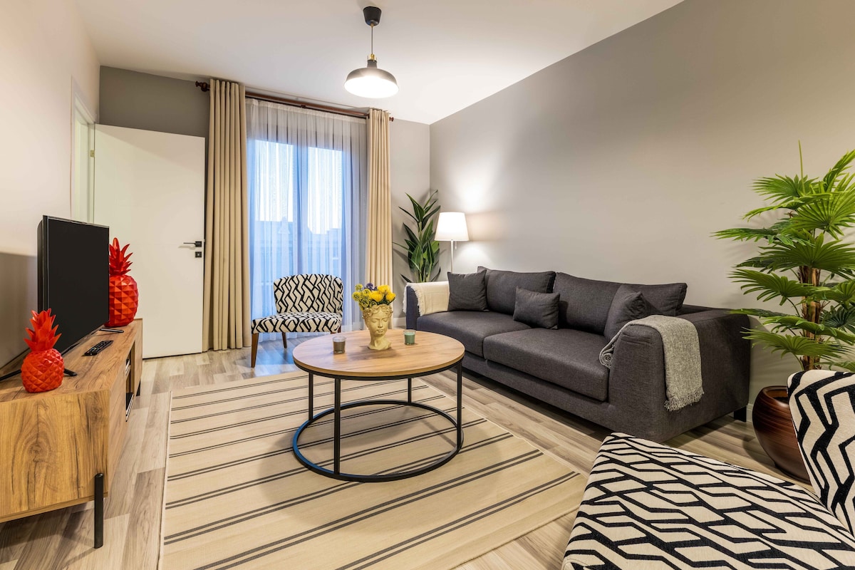 Un salon moderne avec un canapé, une table basse, un téléviseur et une plante.