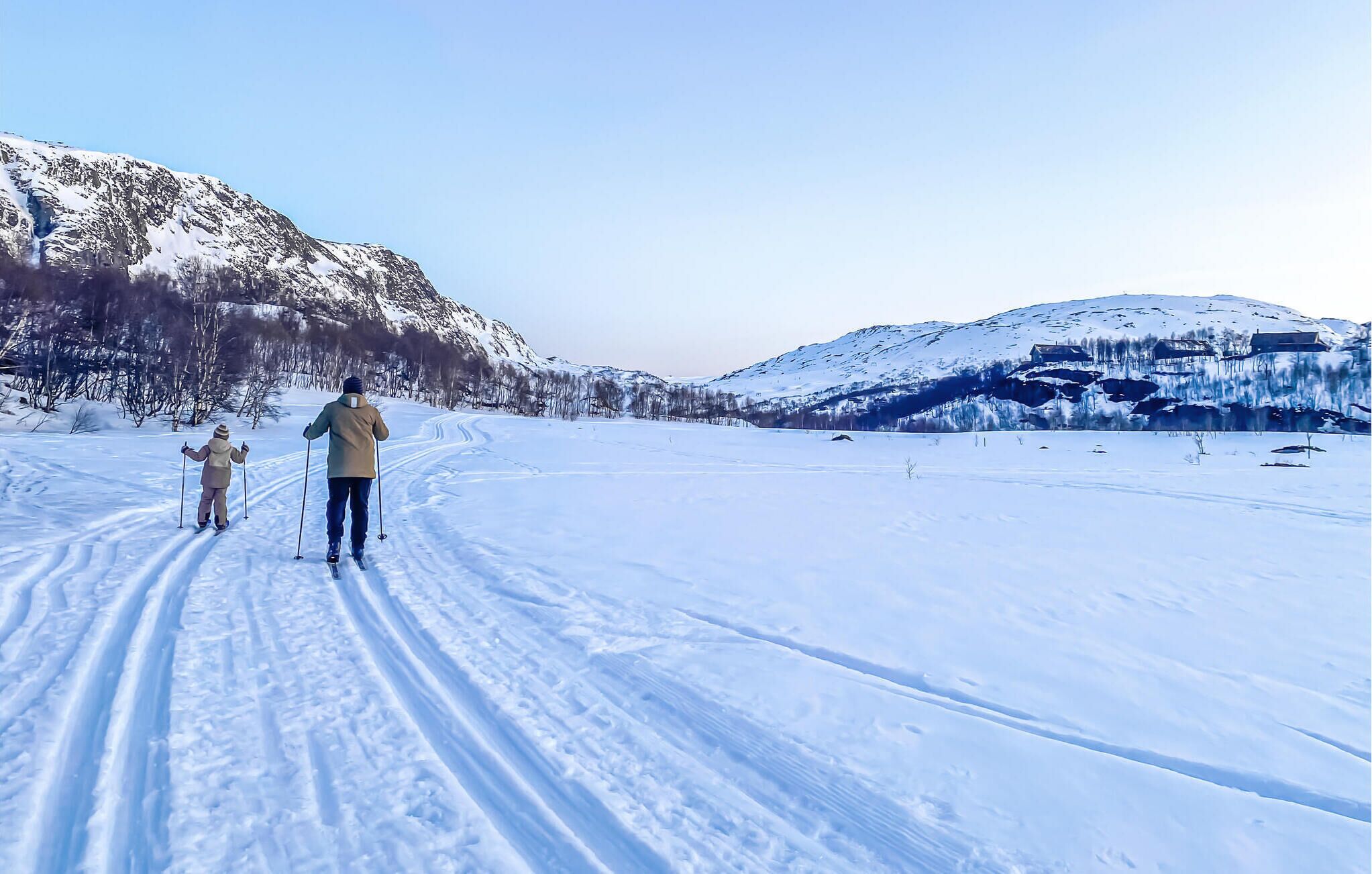 A snowy landscape with a person skiing.
