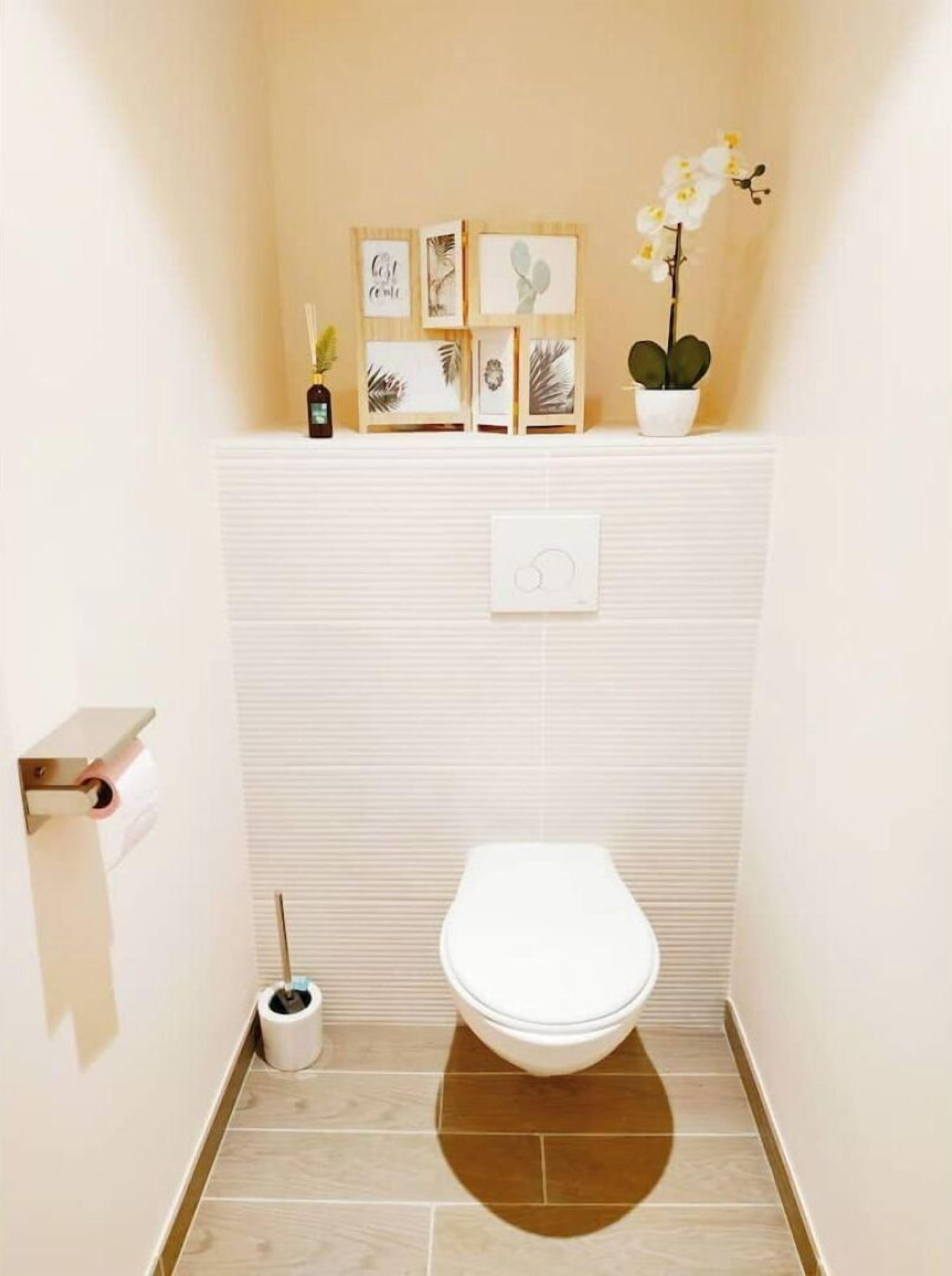 A small bathroom with a toilet, a toilet brush, a toilet paper holder, and a shelf with framed pictures and a potted plant.
