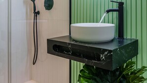 Une salle de bain moderne avec une douche à parois de verre, un lavabo blanc doté d’un robinet noir et un miroir surmonté d’une plante verte.