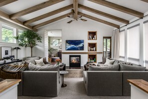 Smart TV, fireplace, video games, DVD player