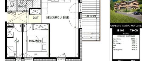 A floor plan of a hotel with labeled rooms including a balcony, dining area, and a living room.