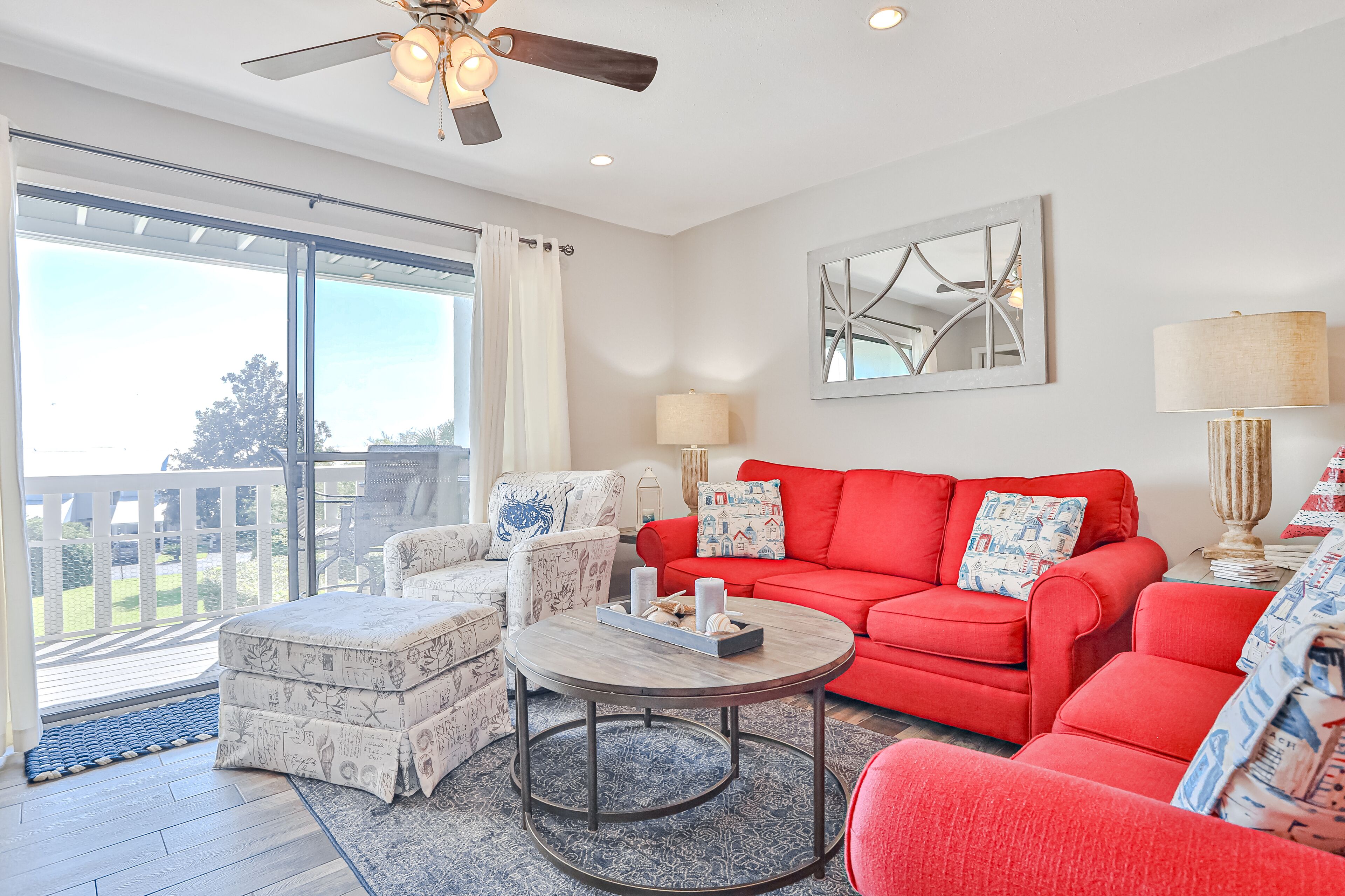 Ocean-view townhome with beach access, on-site golf cart, W/D & separate studio