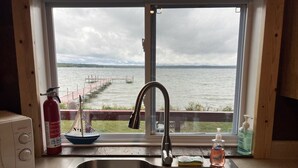 Uma cozinha com pia de aço inoxidável, janela com vista para um lago, extintor de incêndio e um frasco de detergente.