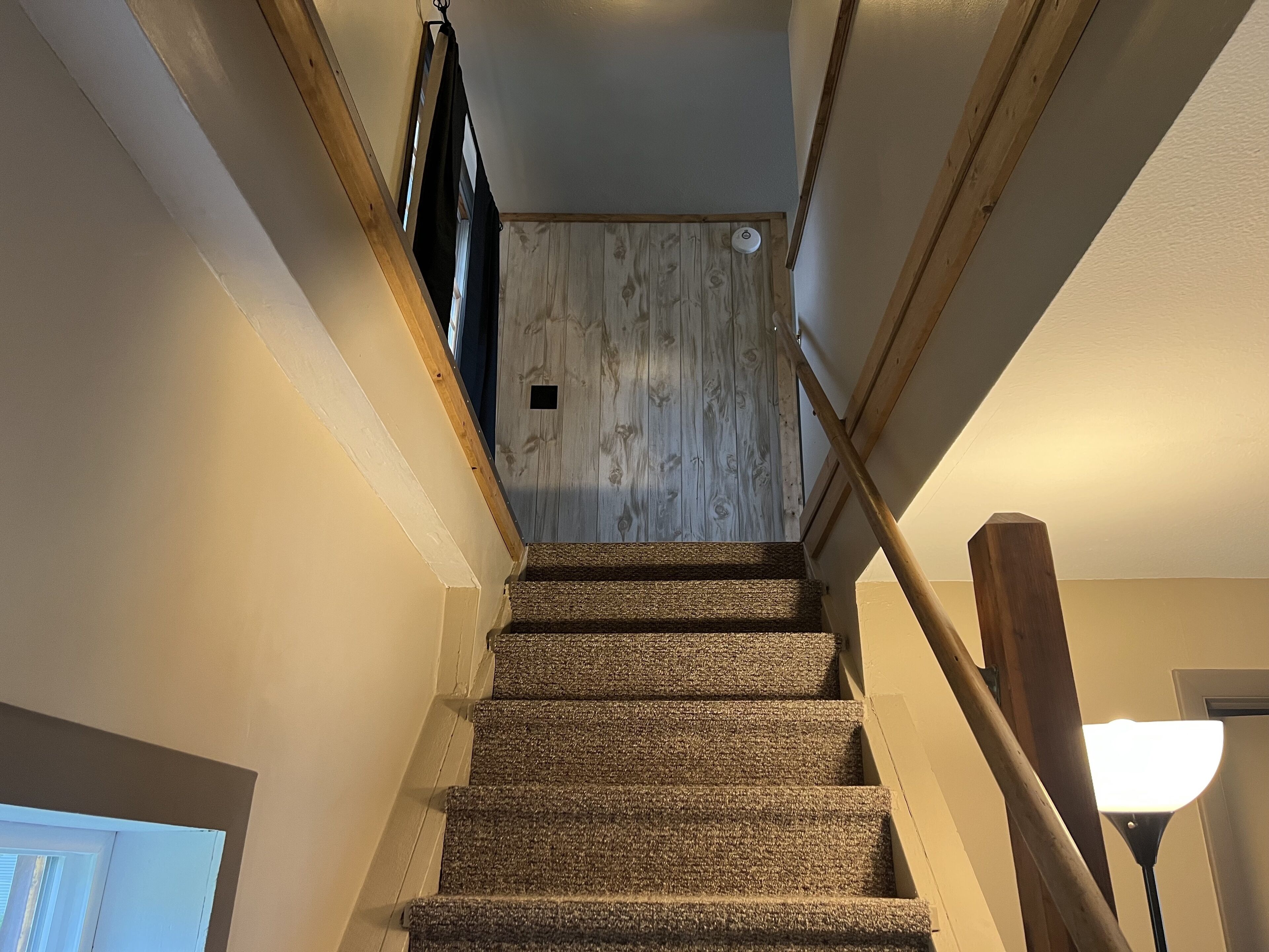 Una escalera con peldaños alfombrados que conduce a una puerta de madera.