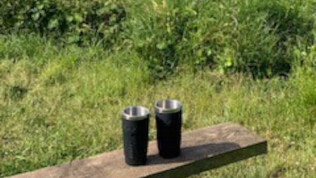 A bench with two metal cups in a natural setting with a view of a beach and ocean. - Fabulous apartment for 2 in Llansteffan (Llansteffan)