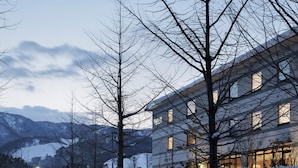 A modern building with multiple windows and a snow-covered landscape.