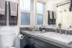 Combined shower/tub, hair dryer, bidet, towels