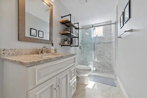 A modern bathroom with a granite countertop, a large mirror, a toilet, and a glass-enclosed shower. - Modern/Luxury | Steps from Zoo & Golf Course (Boston)
