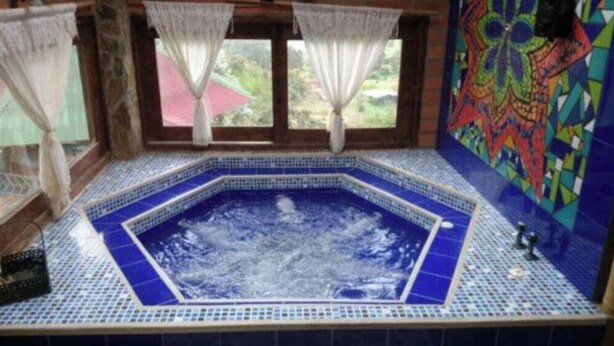 A hot tub with a blue tiled floor and a mosaic wall. - Bird Cabin (Antioquia)