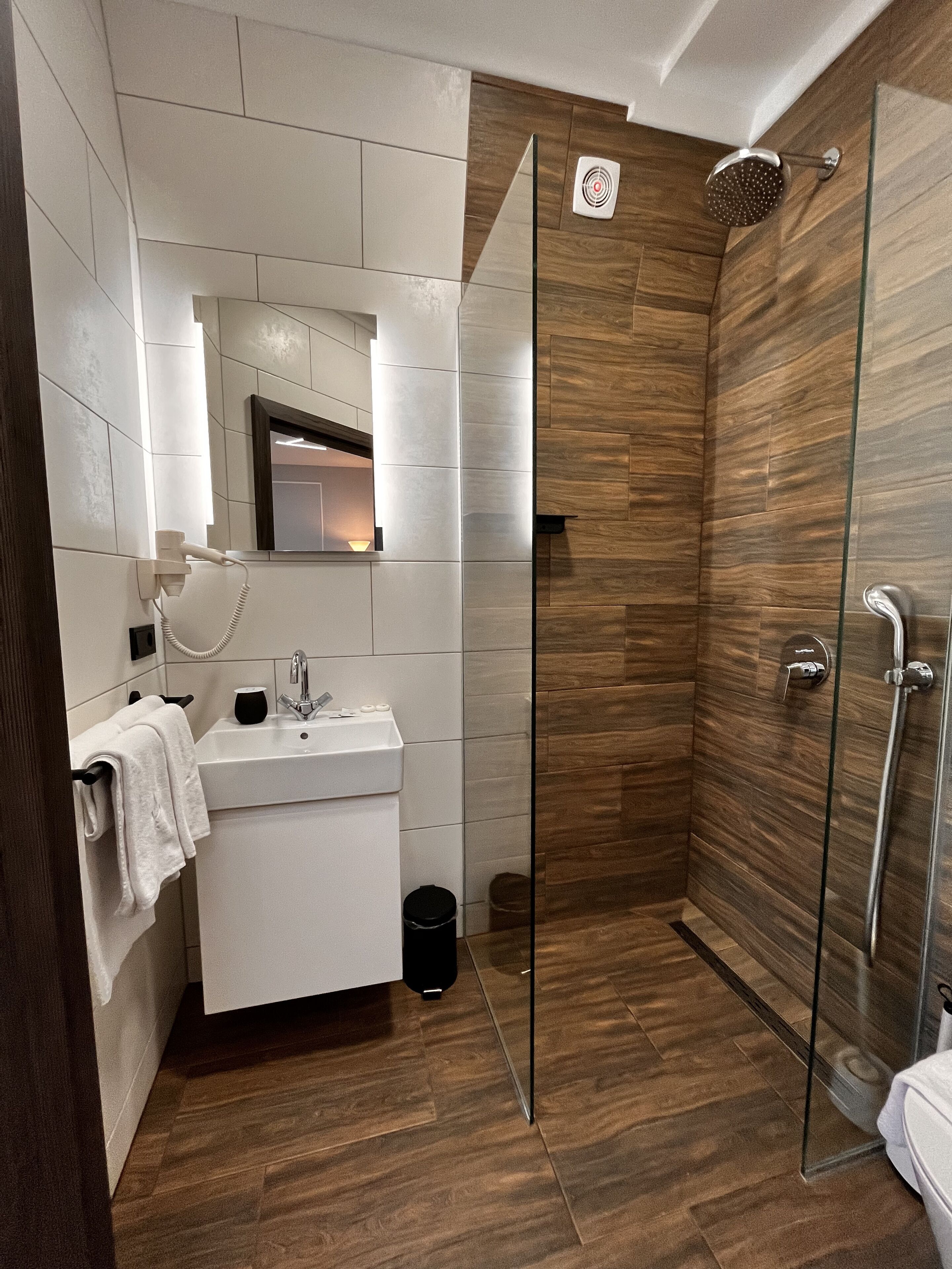A modern bathroom with a glass shower enclosure, a white vanity with a mirror, and a wooden floor.