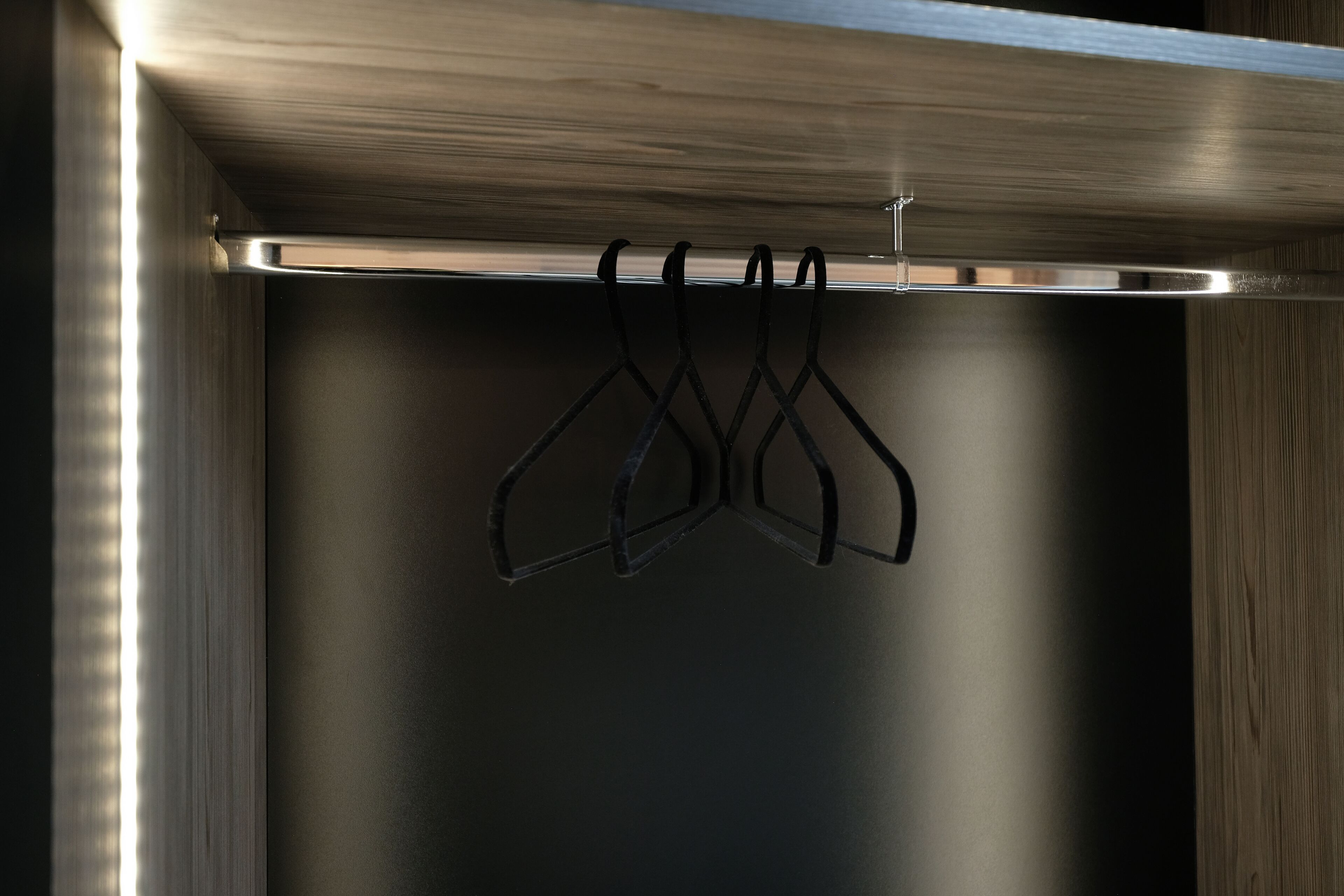 A closet with a wooden door and a metal rod for hanging clothes.