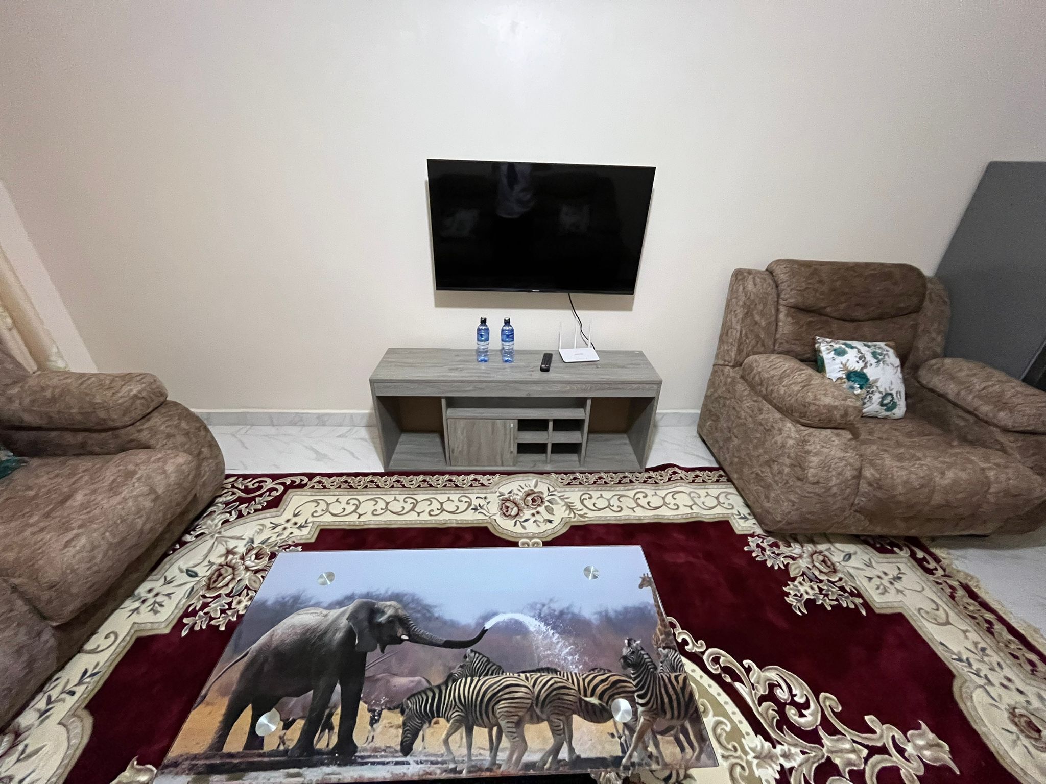 A living room with a flat-screen TV mounted on the wall, two brown armchairs, a small side table with a remote control, a decorative rug with a wildlife print, and a small cabinet.