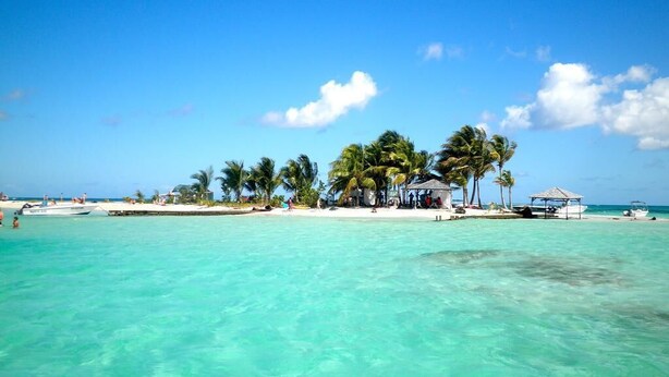 Une plage avec une eau turquoise et limpide, des palmiers et une petite construction sur le rivage.