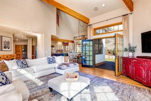 TV, fireplace, books