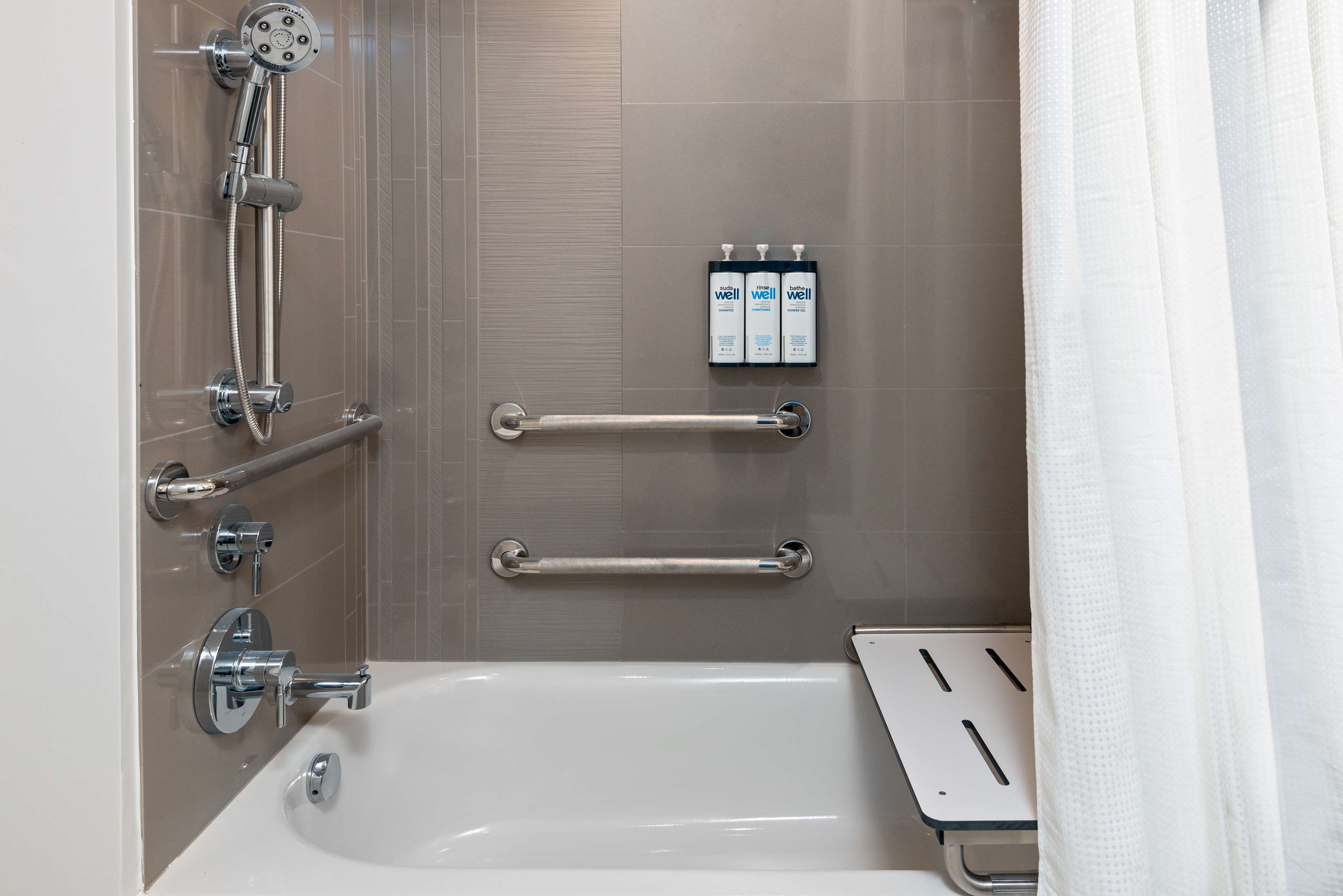 Hair dryer, towels, soap, shampoo