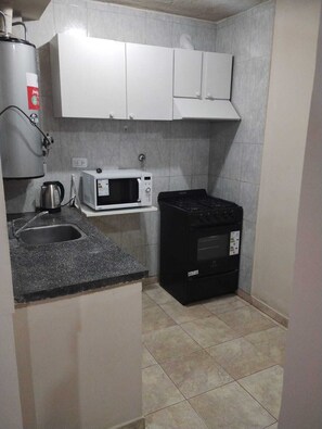 Een microgolfoven, een oven, een waterkoker, kookgerei, borden en bestek