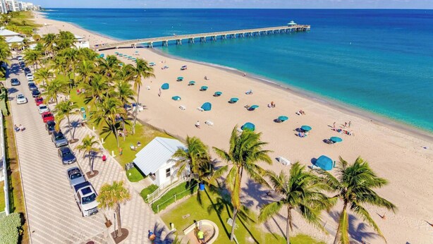 Una playa con muelle, palmeras y sombrillas.