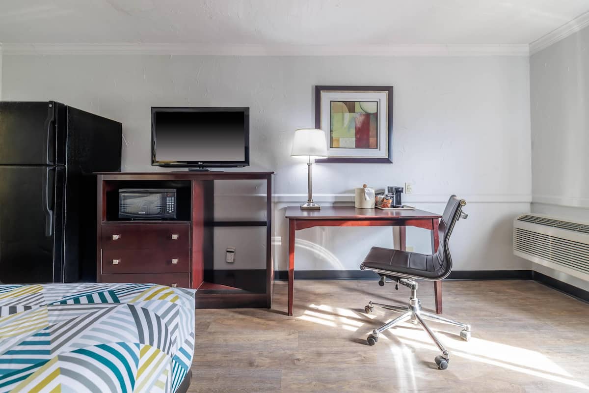 A hotel room with a bed, a desk with a chair, a television, a microwave, a refrigerator, a lamp, and a framed picture on the wall.